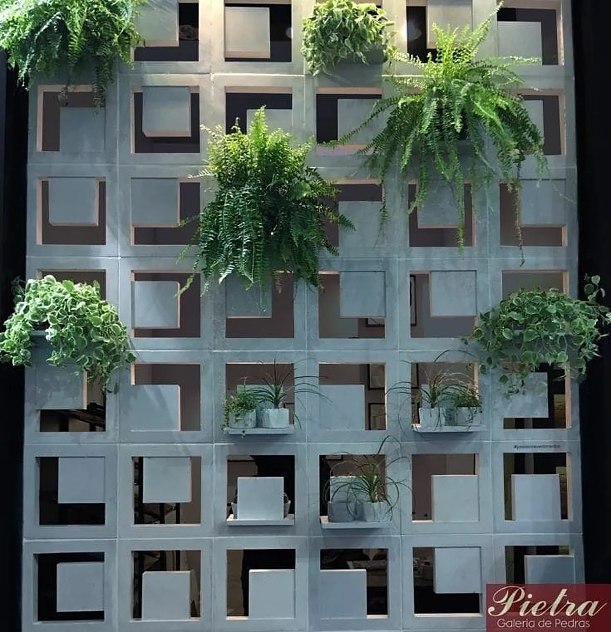 Parede de cobogós com floreiras e samambaias formando um jardim vertical